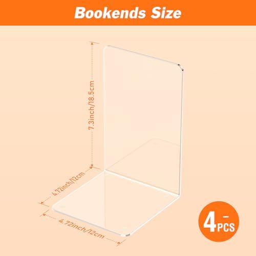 Acrylic Bookends 4 Pcs Clear Book Holders for Shelves