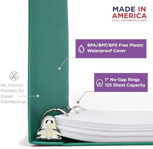 Carstens 1-Inch Heavy Duty 3-Ring Binder - Teal Durable Plastic Waterproof Cover