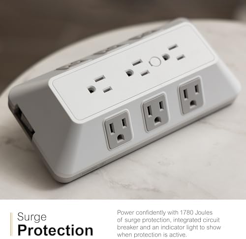 GE 9 Outlet Surge Protector Wall Tap White Gray