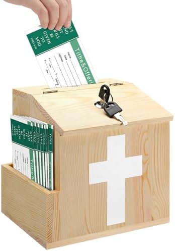 Wood Church Donation Box with 100 Envelopes and Keys