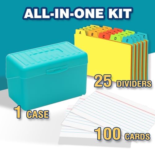 H4D 3x5 Index Card Holder with 100 Cards and 25 Dividers Teal