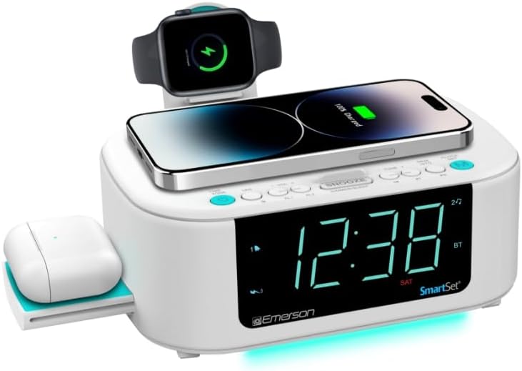 Emerson CKSW5010 Smartset Wireless Charger with Dual Alarm Clock and Bluetooth Radio White