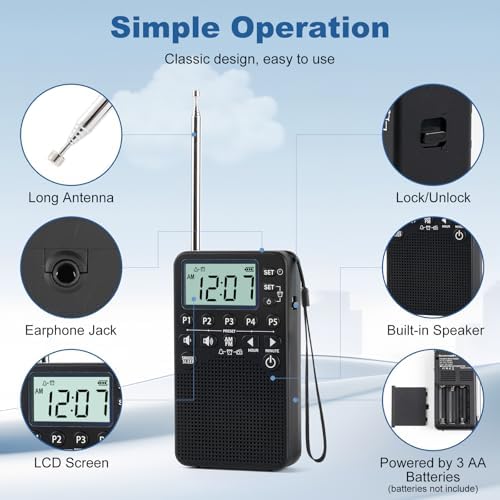 RunningByte Portable AM FM Radio with LCD Screen and Alarm Clock