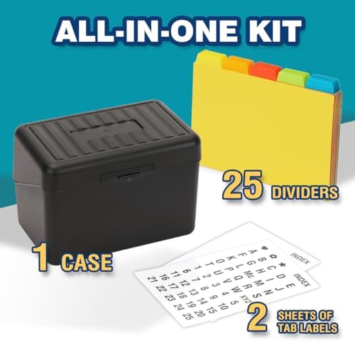 H4D Index Card Holder 4x6 Inches with 25 Plastic Dividers Black