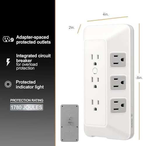 GE 9 Outlet Surge Protector Wall Tap White Gray