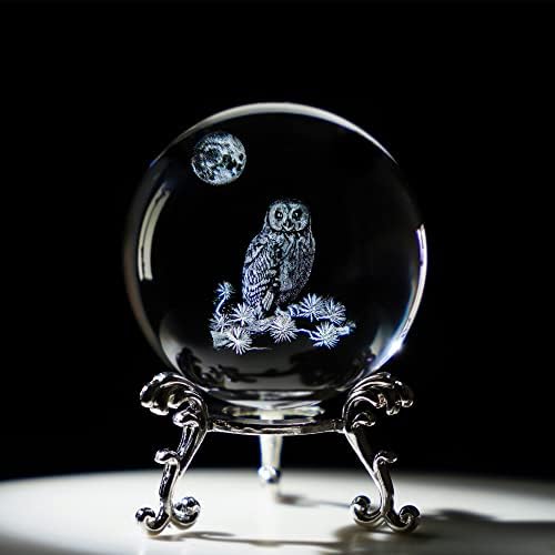 HDCRYSTALGIFTS 60mm 3D Laser Owl Crystal Ball Paperweight with Stand