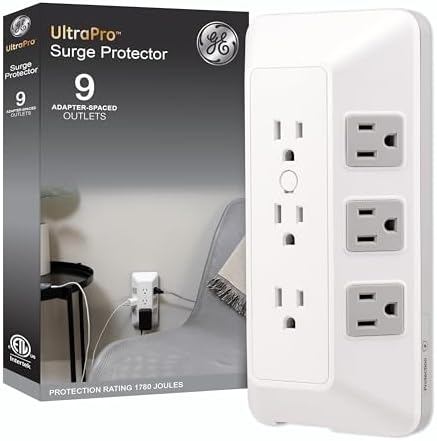 GE 9 Outlet Surge Protector Wall Tap White Gray