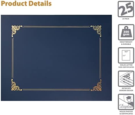 25 Pack Navy Blue Certificate Holders with Gold Foil Border