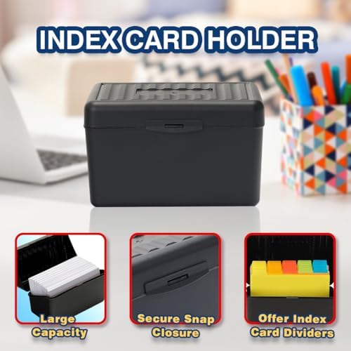 H4D Index Card Holder 4x6 Inches with 25 Plastic Dividers Black