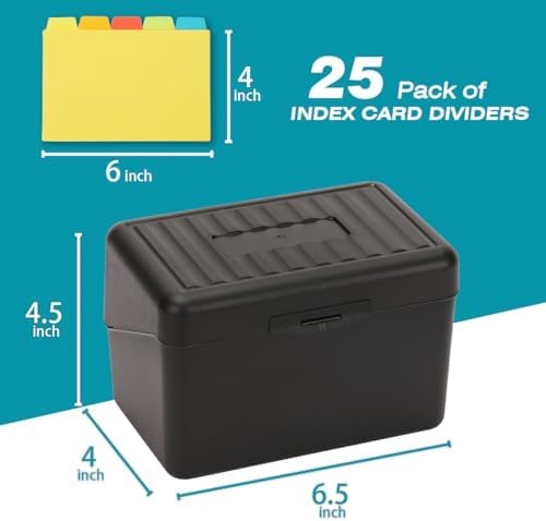 H4D Index Card Holder 4x6 Inches with 25 Plastic Dividers Black
