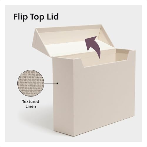 SMEAD Flip Top File Box 10x37x13 Beige Linen Gold Nameplate