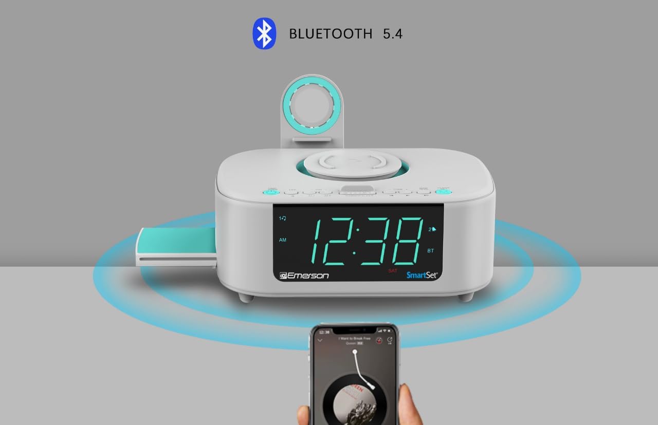 Emerson CKSW5010 Smartset Wireless Charger with Dual Alarm Clock and Bluetooth Radio White