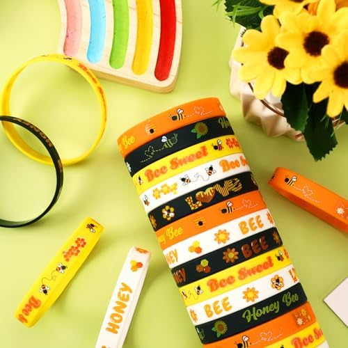 JUNEBRUSHS 42pcs Bee Themed Silicone Wristbands Party Favors