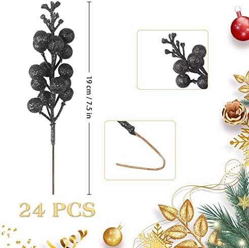 24 Pack Glitter Black Berry Stems for Christmas Decor