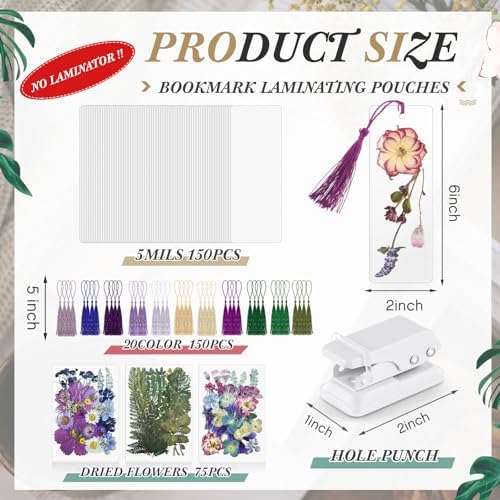 150 Pcs Dried Flower Bookmark Kit with Tassels and Laminating Pouches Purple