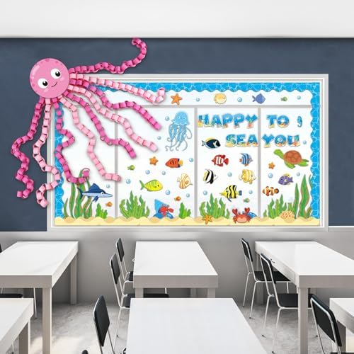 Justforjoyful 93 Pcs Ocean Animal Bulletin Board Decor Set