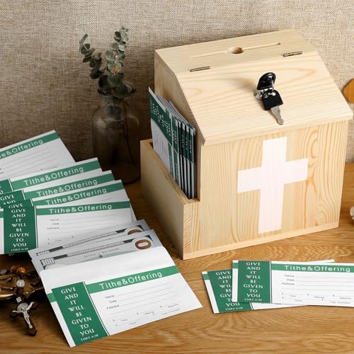 Wood Church Donation Box with 100 Envelopes and Keys