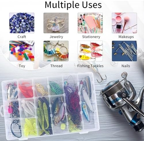 OUTUXED 2 Pack Clear Plastic Bead Organizer Box with Adjustable Dividers