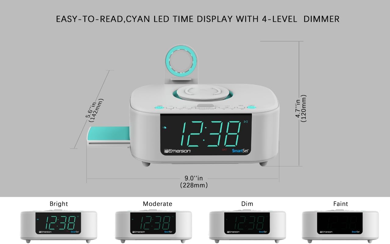 Emerson CKSW5010 Smartset Wireless Charger with Dual Alarm Clock and Bluetooth Radio White
