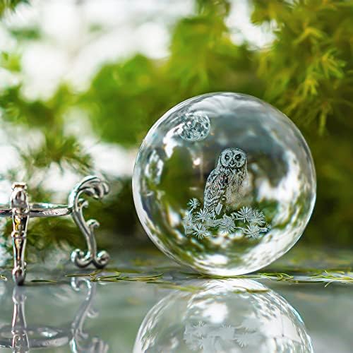 HDCRYSTALGIFTS 60mm 3D Laser Owl Crystal Ball Paperweight with Stand