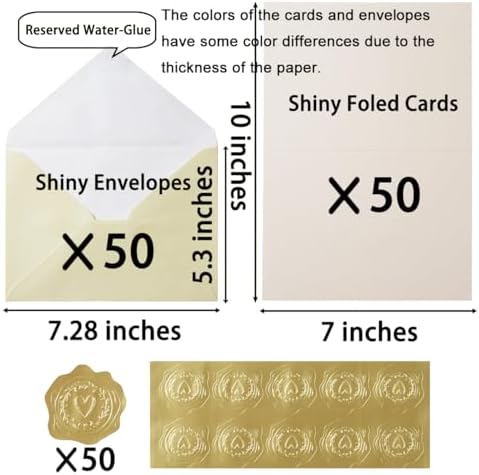 Homtable 50 Pack Shiny Envelopes with Cards and Gold Stickers for Invitations
