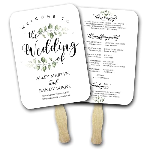 50 Pcs Personalized Wedding Paper Fans With Wooden Handles