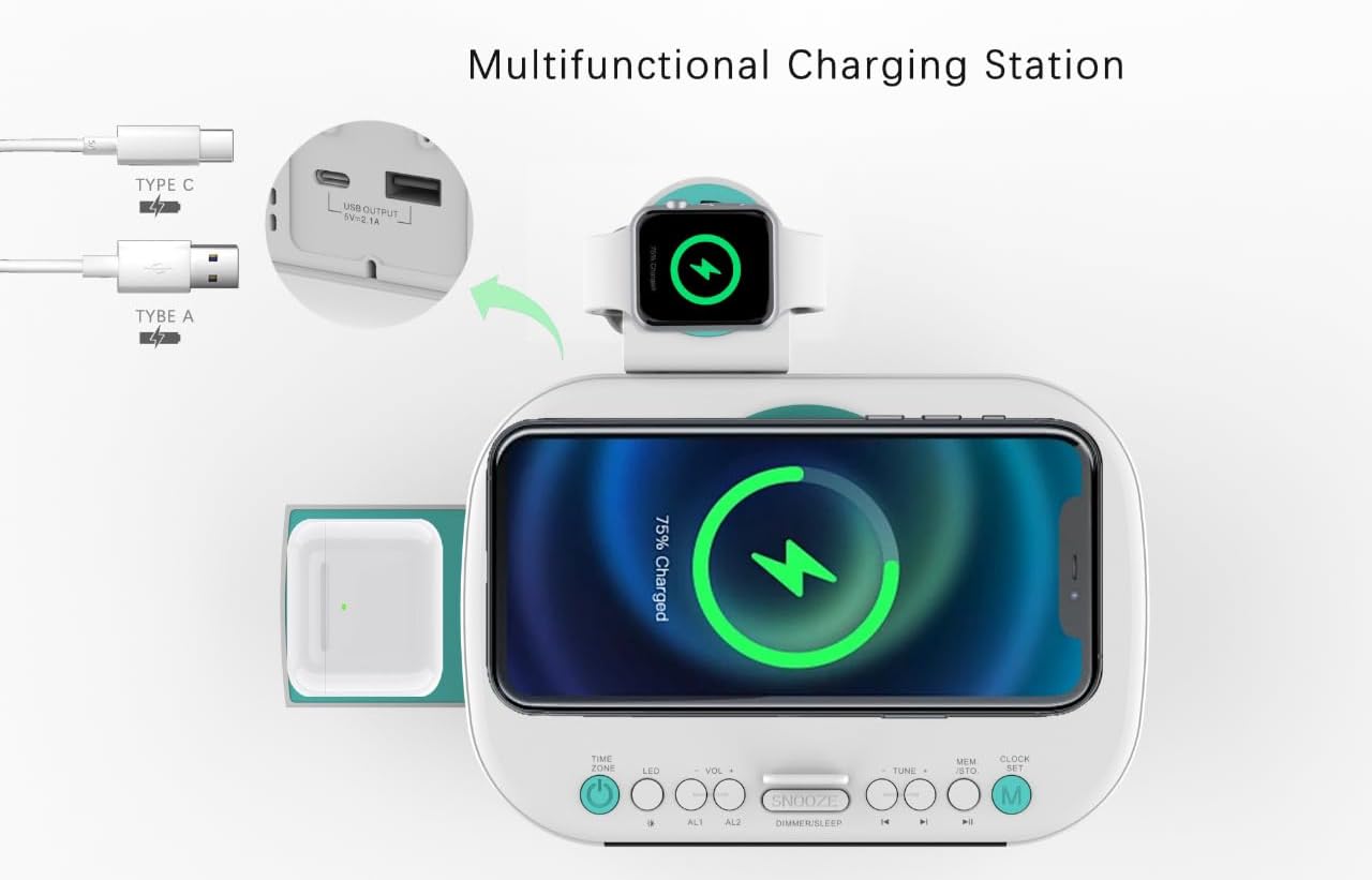 Emerson CKSW5010 Smartset Wireless Charger with Dual Alarm Clock and Bluetooth Radio White