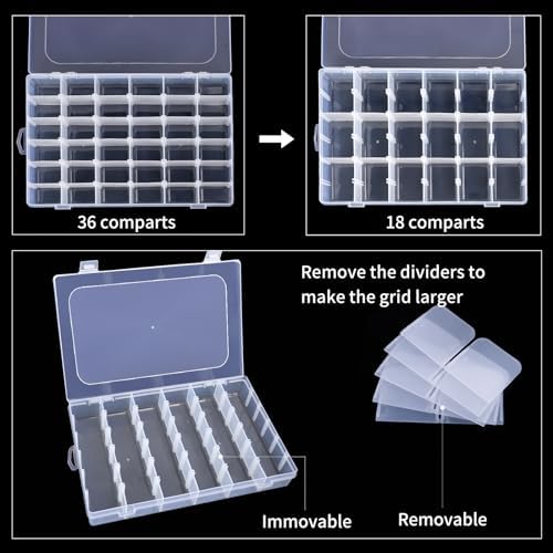 OUTUXED 2 Pack Clear Plastic Bead Organizer Box with Adjustable Dividers