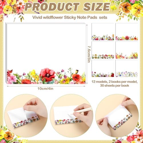 Janlaugh 12 Pads Wildflower Sticky Notes for Journaling and Gift Giving