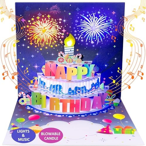 INPHER Birthday Card with Fireworks Pop Up Light Music