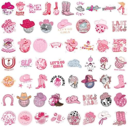 55pcs Pink Cowgirl Decals - Waterproof Stickers for Water Bottle and Laptop