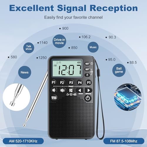 RunningByte Portable AM FM Radio with LCD Screen and Alarm Clock