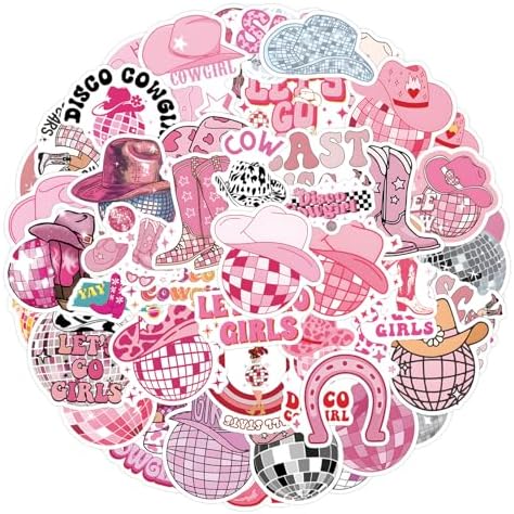 55pcs Pink Cowgirl Decals - Waterproof Stickers for Water Bottle and Laptop
