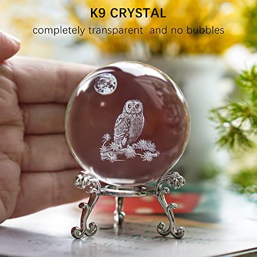 HDCRYSTALGIFTS 60mm 3D Laser Owl Crystal Ball Paperweight with Stand