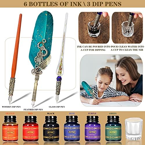 AIYNC Feather Ink Set with Quill Pen and 6 Ink Bottles