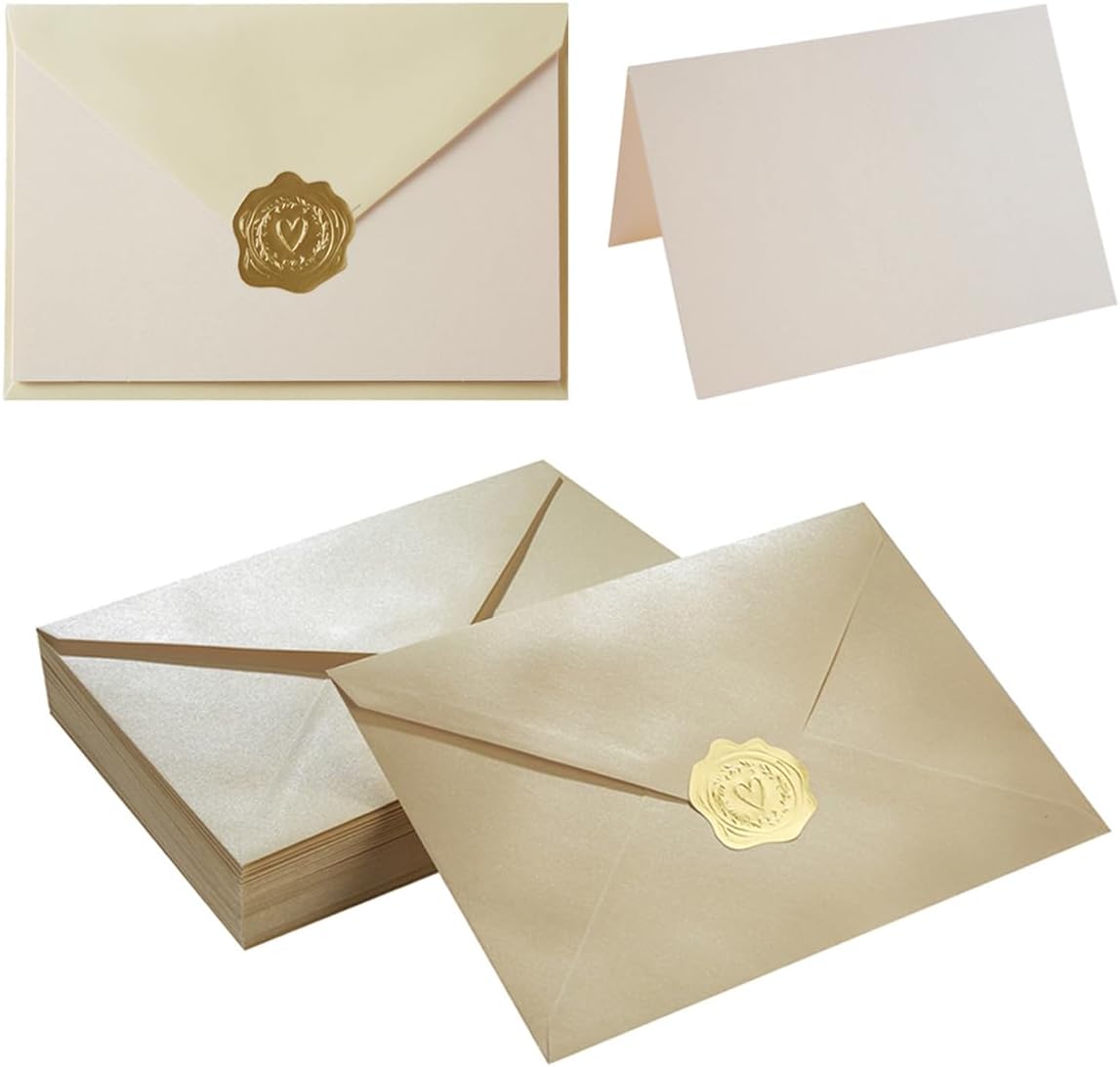 Homtable 50 Pack Shiny Envelopes with Cards and Gold Stickers for Invitations