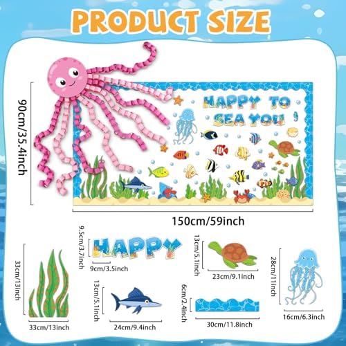 Justforjoyful 93 Pcs Ocean Animal Bulletin Board Decor Set