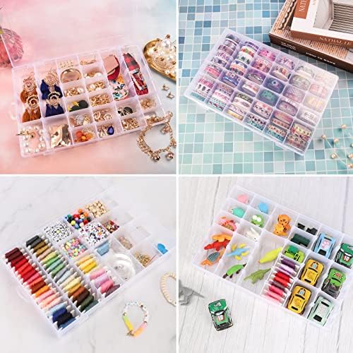 OUTUXED 2 Pack Clear Plastic Bead Organizer Box with Adjustable Dividers
