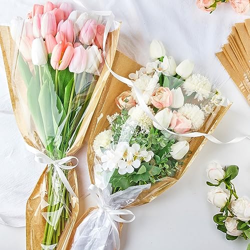 CLUEWR 50PCS Flower Bags with Ribbons for Bouquets