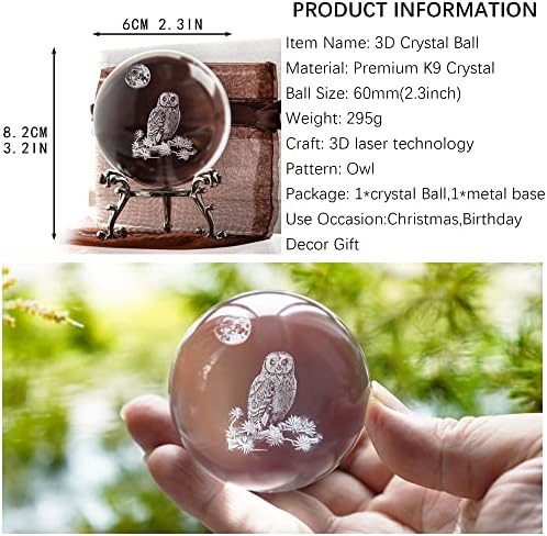 HDCRYSTALGIFTS 60mm 3D Laser Owl Crystal Ball Paperweight with Stand
