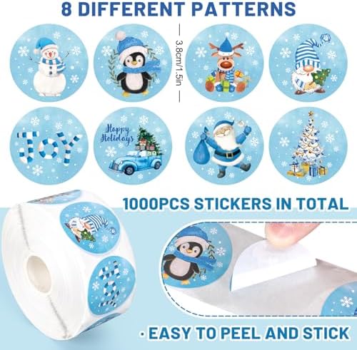 Whaline 1000Pcs Christmas Blue Sticker Roll 12 Designs
