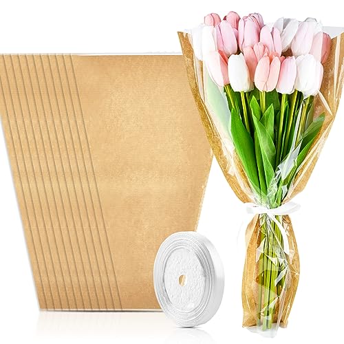 CLUEWR 50PCS Flower Bags with Ribbons for Bouquets