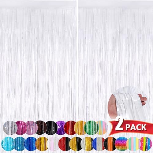 White Metallic Tinsel Foil Fringe Curtains 2 Pack