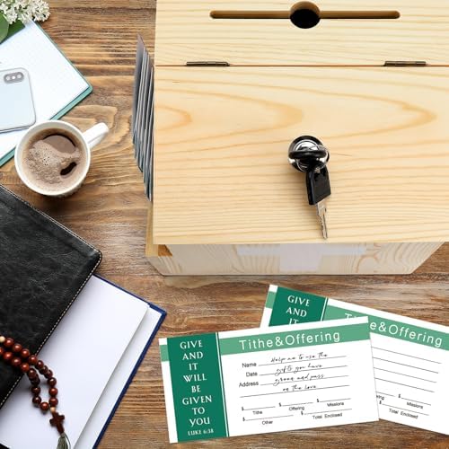Wood Church Donation Box with 100 Envelopes and Keys