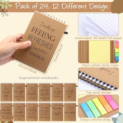 Pasimy 24 Set Positive Affirmation Spiral Notebooks with Sticky Notes and Bamboo Pens
