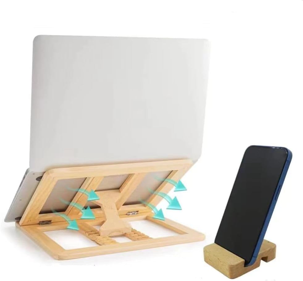 Wooden Laptop Stand with Phone Holder Foldable and Adjustable