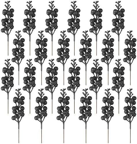 24 Pack Glitter Black Berry Stems for Christmas Decor