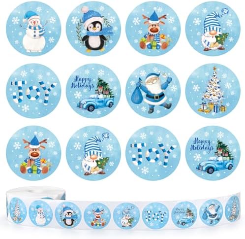 Whaline 1000Pcs Christmas Blue Sticker Roll 12 Designs