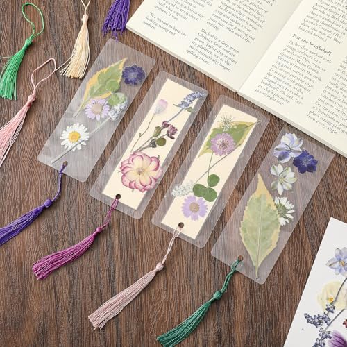 150 Pcs Dried Flower Bookmark Kit with Tassels and Laminating Pouches Purple