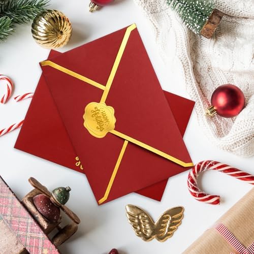 Whaline 50Pcs Gold Foil Christmas Envelopes with Stickers